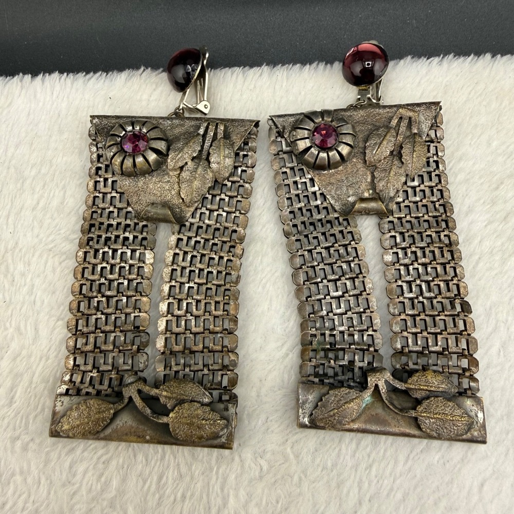 Vintage Estate Statement Clip On Earrings Silver Mesh Purple Rhinestone Floral